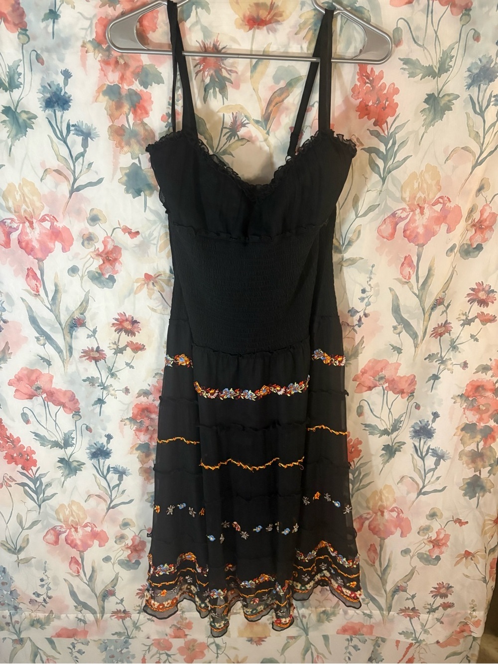 Vintage Black Floral-Trim Spaghetti Strap Dress